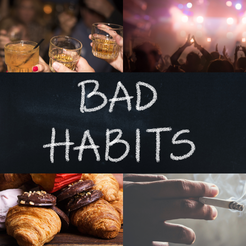 Symbolic collage illustrating nightlife, sweets, and smoking, representing old habits