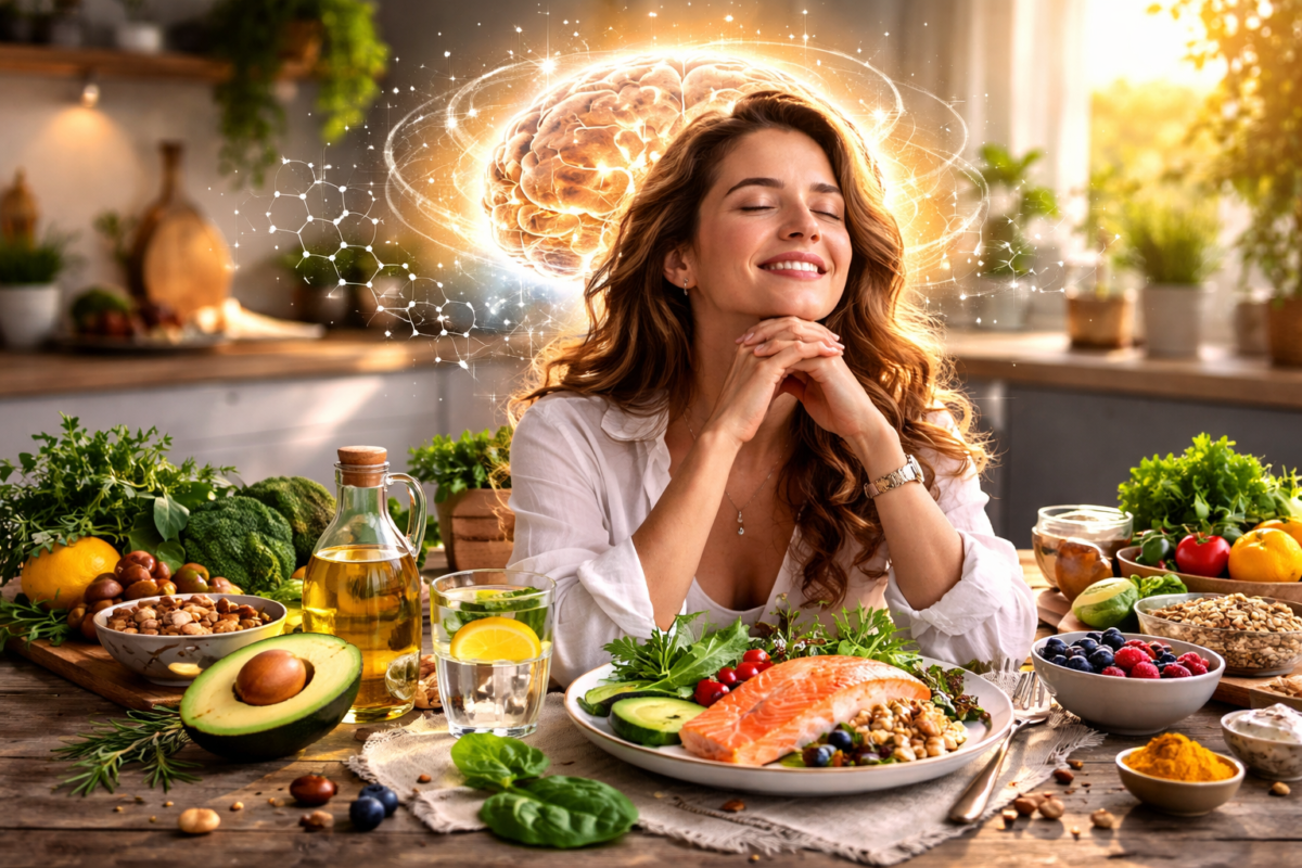 healthy foods for mental health including salmon avocado nuts and vegetables