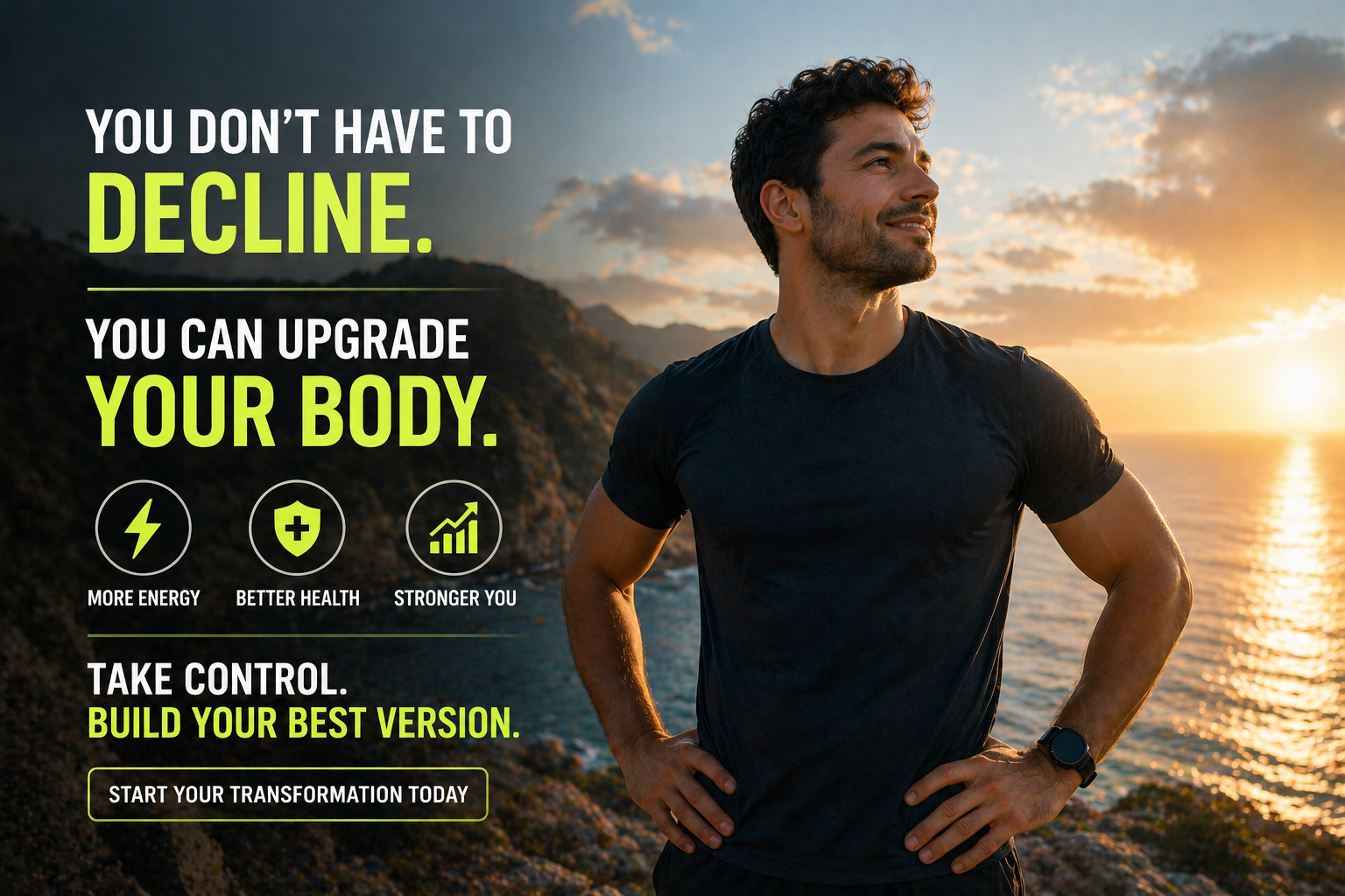 Confident healthy man at sunset representing strong body, high energy and taking control of lifestyle habits