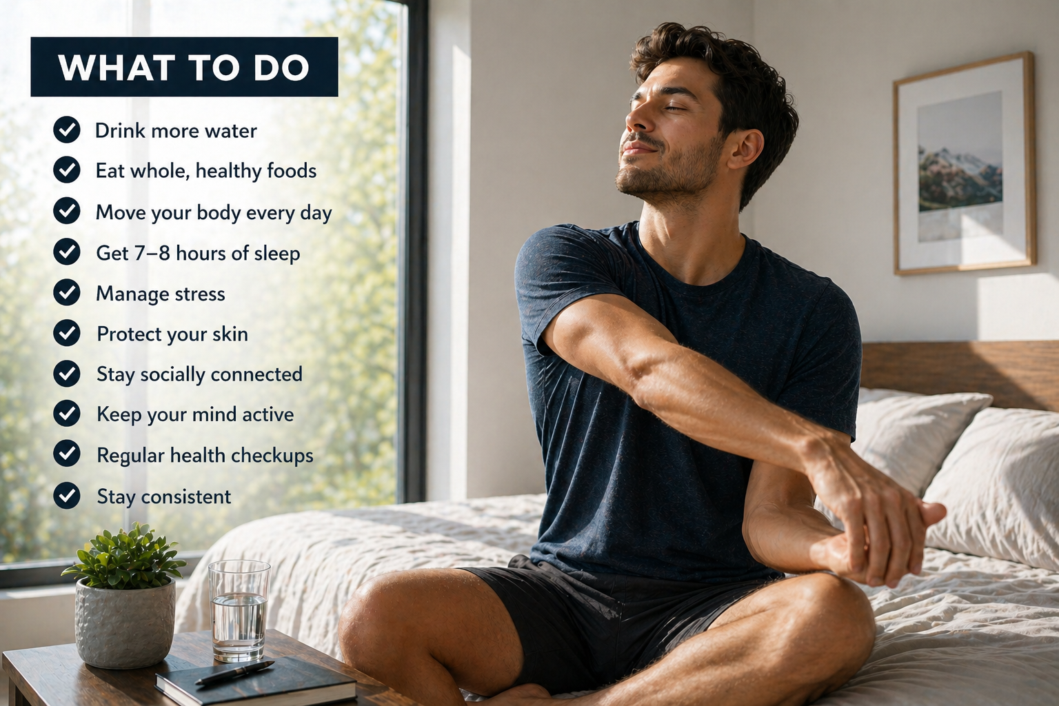 Healthy man stretching in the morning sunlight representing daily habits, energy, recovery and a balanced lifestyle routine