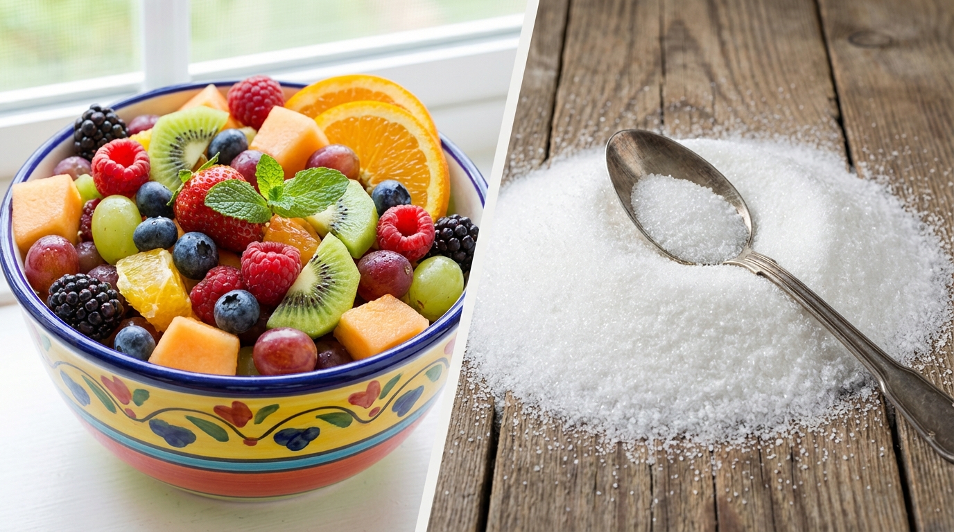 A vibrant bowl of fresh fruit representing healthy natural sugars