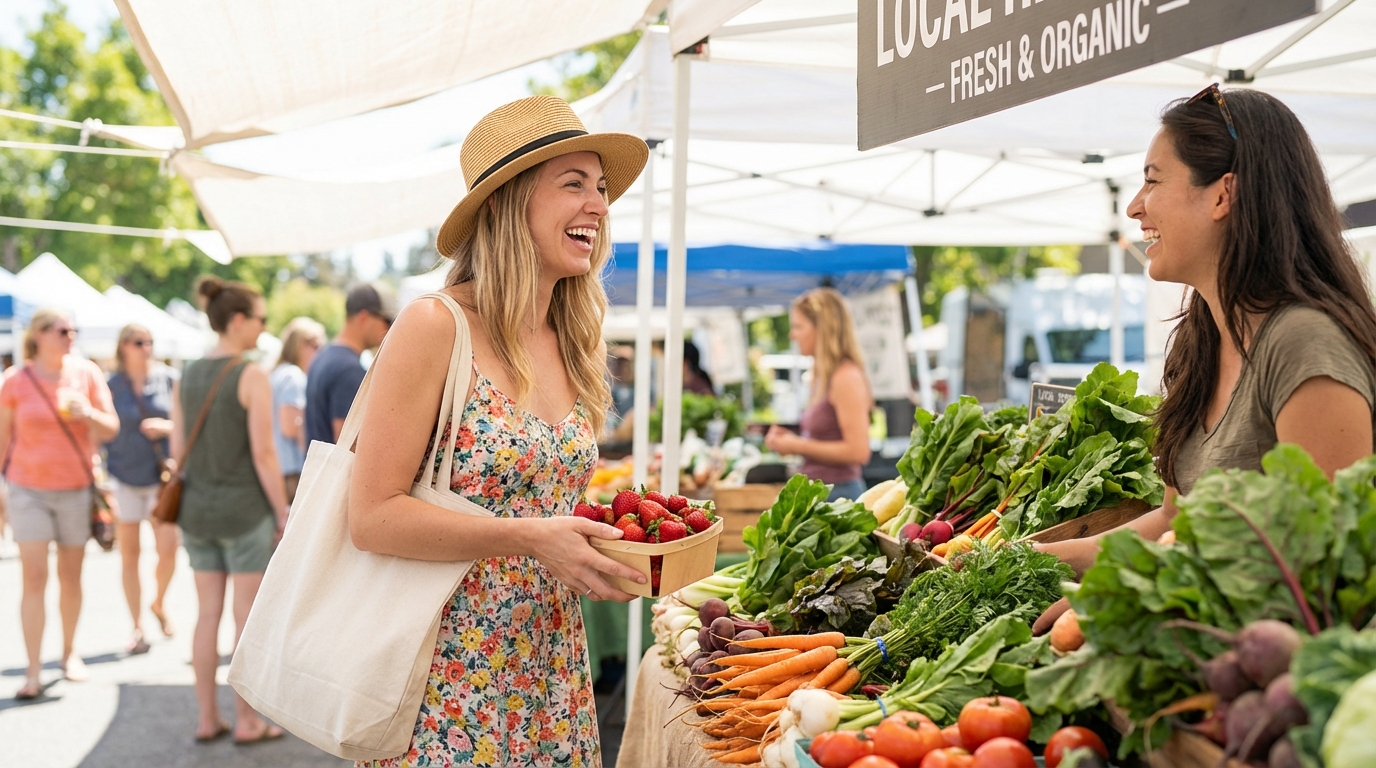 Person shopping for fresh seasonal fruit and vegetables at a market