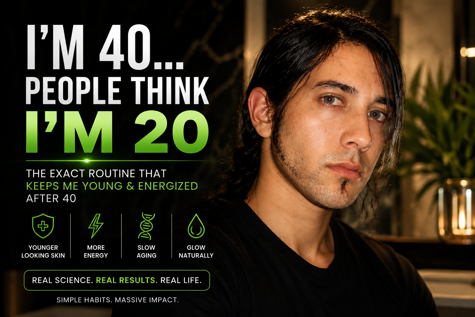 40-year-old man with youthful skin and long dark hair in a luxury modern setting, representing anti-aging, longevity, high energy, glowing skin, and staying young naturally.